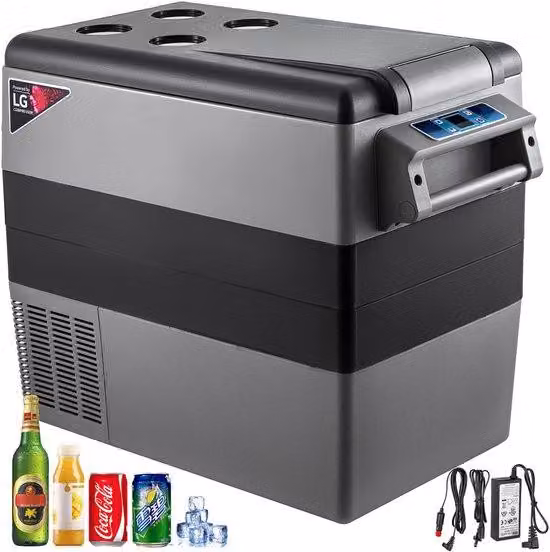 Frigorifero portatile compatto da 55 litri, con compressore, alimentazione a 12/24V DC e 110-240V AC, colore argento