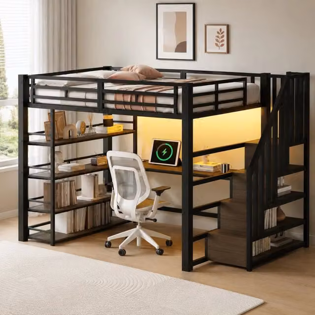 Letto a soppalco ULEVR 140x200 cm con scrivania, scaffale a 4 livelli, gradini contenitore, LED e ricarica USB