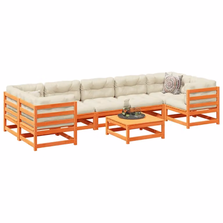 vidaXL Set Divani da Giardino 8 pz a Forma a L in Legno Massello di Pino con Cuscini Marrone e Beige