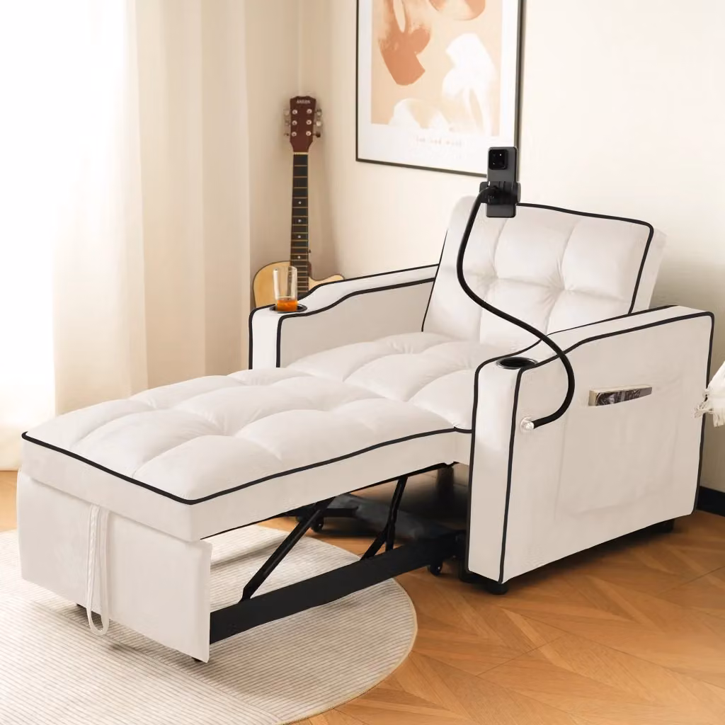 Divano letto 3-in-1 REDOM in tessuto beige con supporto per telefono e portabicchieri, L/P/H: 167 x 83 x 76 cm – 2