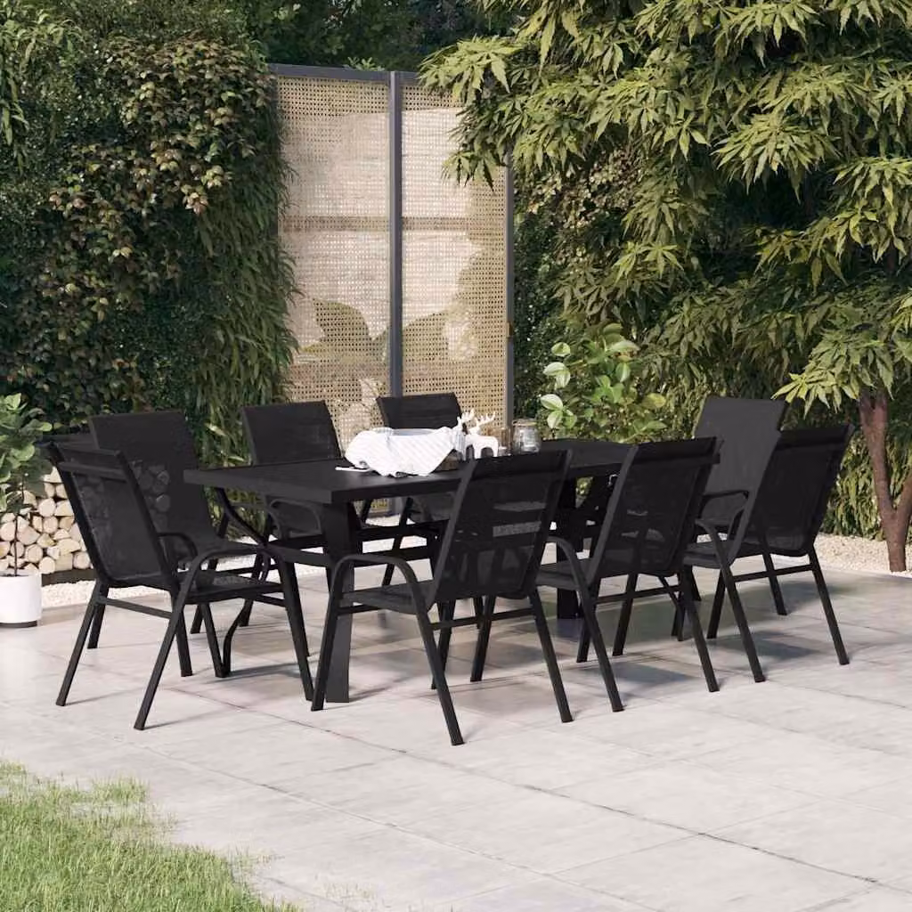 Set da pranzo da giardino vidaXL in acciaio nero e vetro, 9 pezzi