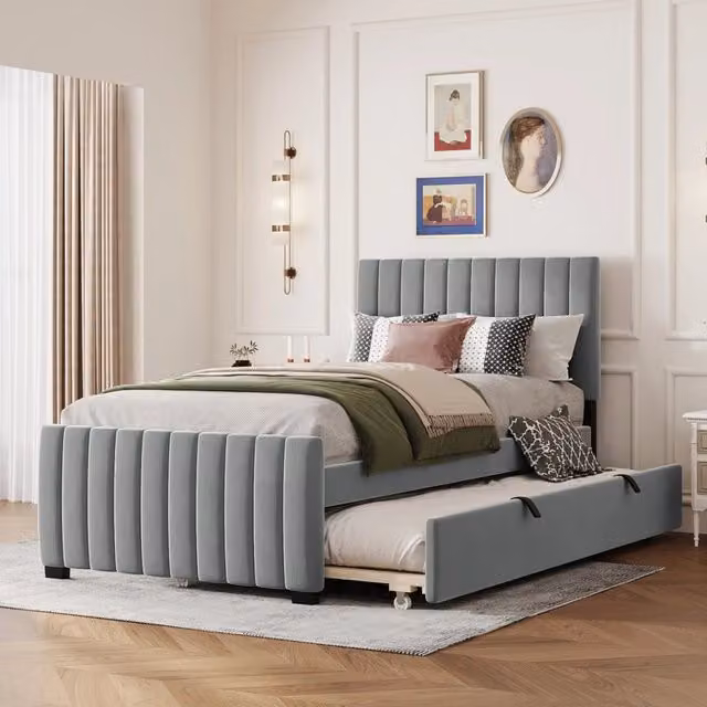Letto singolo imbottito con letto estraibile 90x190 cm in MDF; metallo e velluto grigio