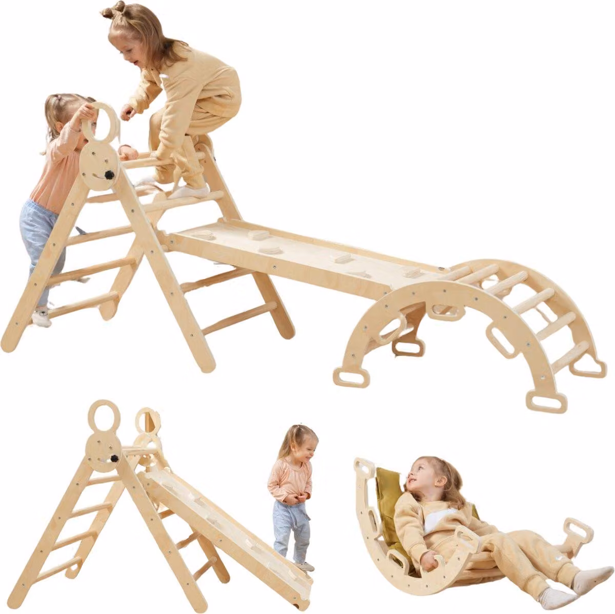 Struttura di arrampicata in legno Livista - triangolo Pikler con scivolo - arco di arrampicata per interni - attrezzatura per parco giochi per bambini -