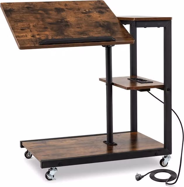 Tavolino per computer portatile moderno con piano inclinabile, regolabile in altezza e con ruote, colore marrone
