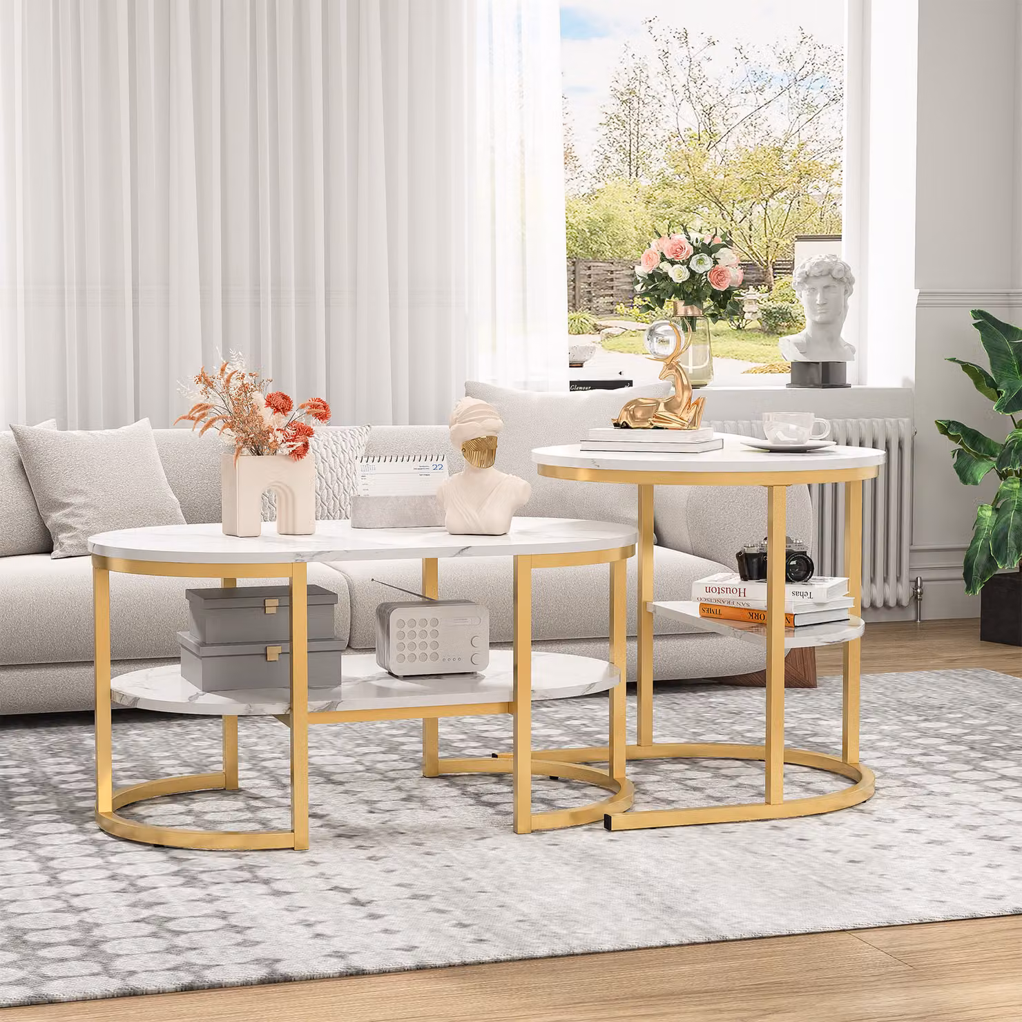 UnboxG 2in1 tavolino rotondo set di 2, tavolino in marmo artificiale con struttura in metallo dorato, tavolino rotondo, tavolino da salotto moderno, tavolini da salotto per camera da letto