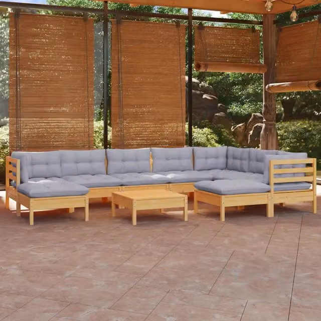 Set Divani da Giardino 10 pz con Cuscini Grigi Massello di Pino 3096712