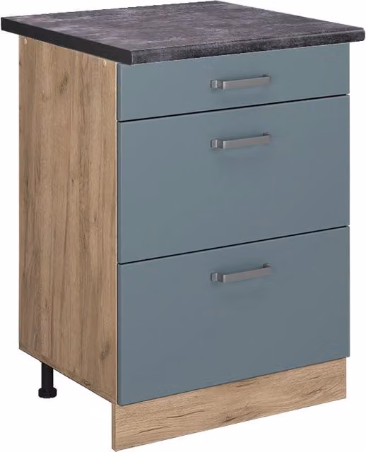 Mobiletto base per cucina R-Line Grigio-blu/Rovere dorato 60 cm con cassetti, PL Antracite Vicco