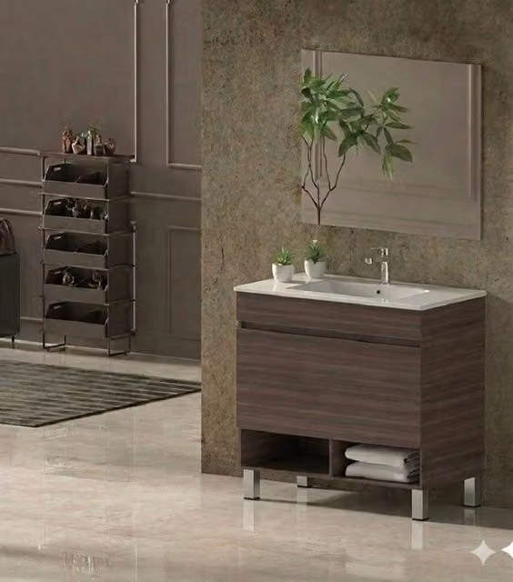 Mobile Bagno NEBARI com gambe Già Montato 1 cassetto, lavabo e specchio Frassino tea 120x45 cm doppio lavabo