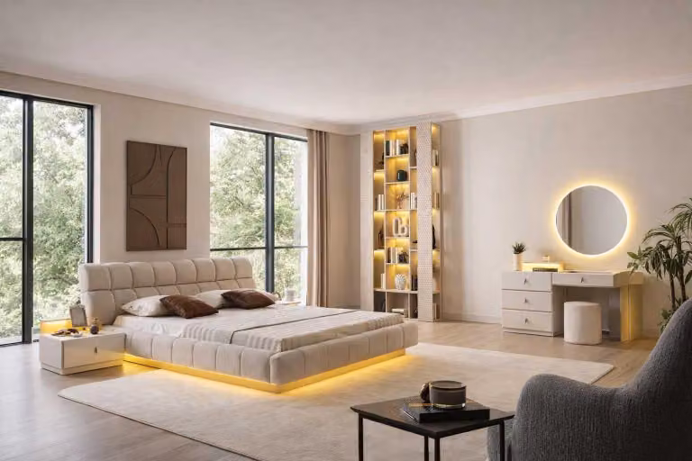 Letto, comodino, toletta, specchio, sgabello, stile moderno, colore beige