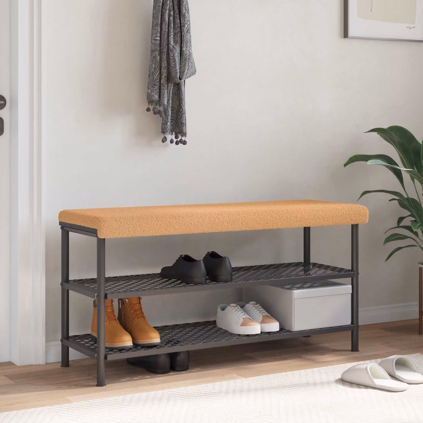 Cuscino per panchina vidaXL in tessuto Sherpa beige con imbottitura in schiuma e base antiscivolo, L 110 cm x P 35 cm x H 3,5 cm