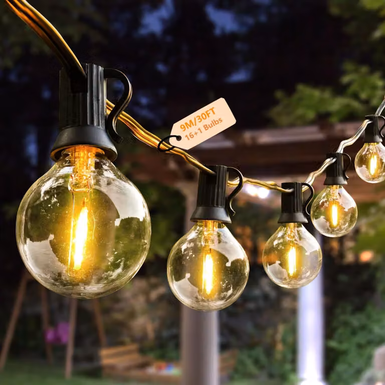 Catena luminosa a LED, lunghezza 9,1 metri, 17 lampadine G40, luce bianco caldo, grado di protezione IP44, adatta per uso esterno