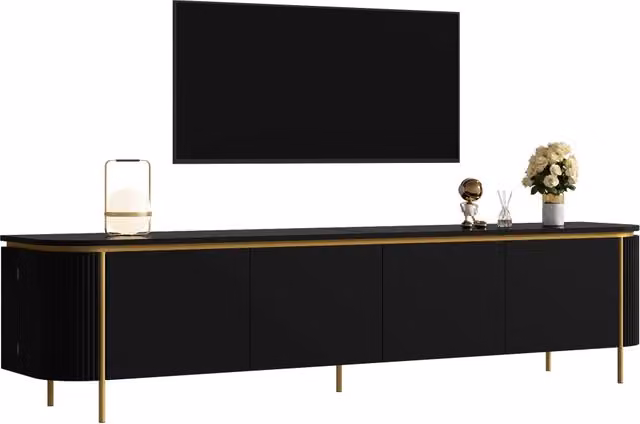 Mobile TV con 6 ante e passacavi, estremità arrotondate scanalate, piedi in metallo, per soggiorno, nero, 180 × 38 × 46 cm