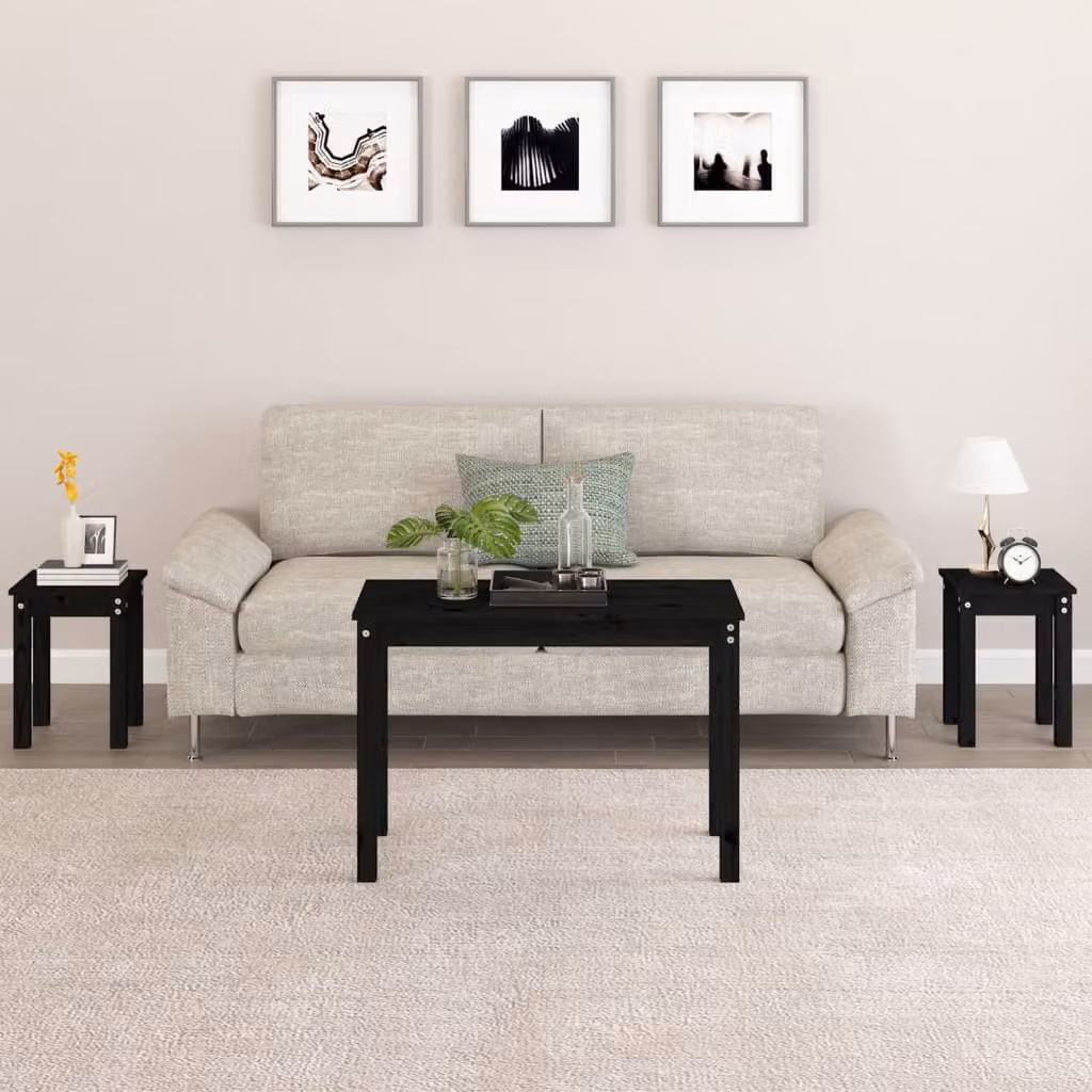 Set di 3 tavolini a incastro vidaXL in legno massello di pino, colore nero, design moderno per soggiorno o camera da letto