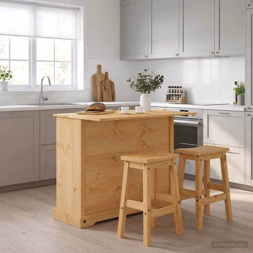 Set isola da cucina vidaXL CORONA 3 pezzi in pino massello color marrone cera di miele stile rustico L/P/H: 112,0 x 70,0 x 91,5 cm