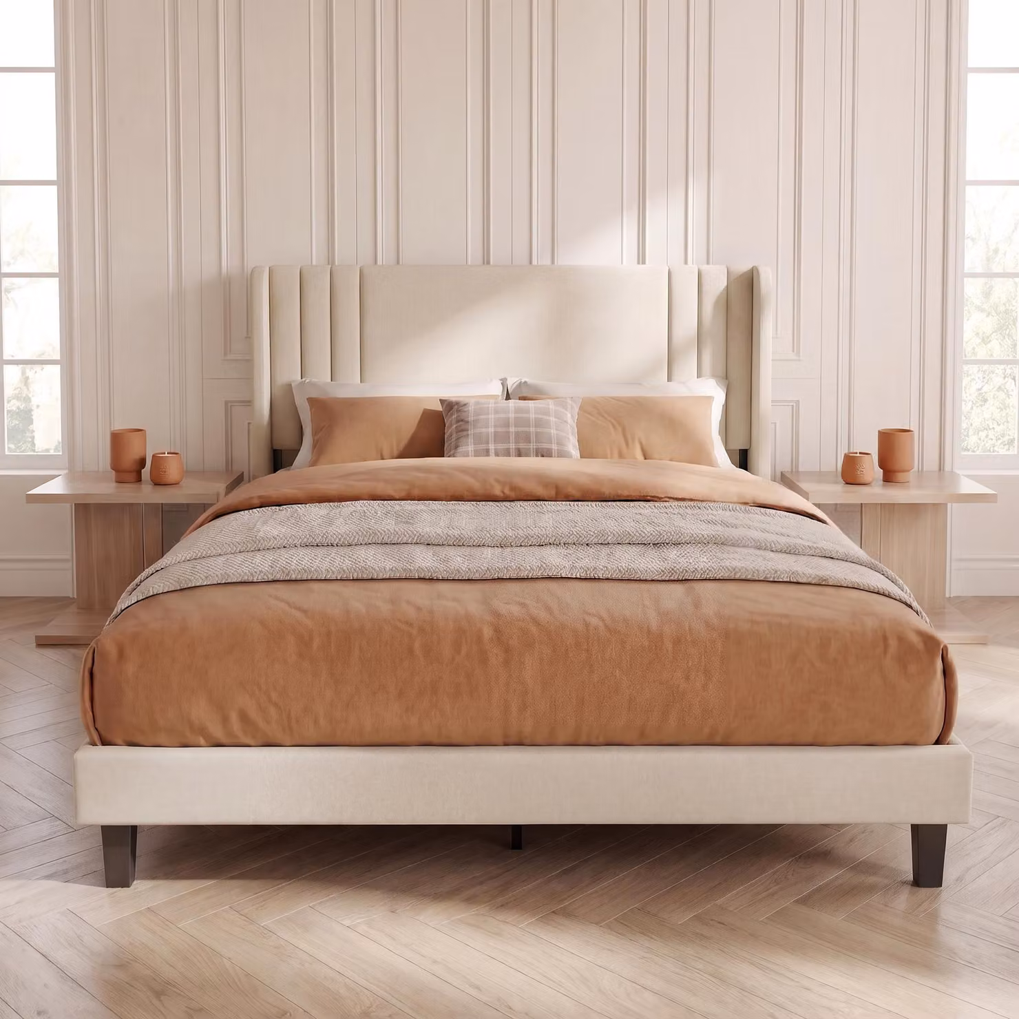 Letto imbottito INONEFT, dimensioni 140x200 cm, con rete a listelli, testiera imbottita e rivestimento in lino. Letto singolo o matrimoniale, realizzato in legno e metallo, colore beige
