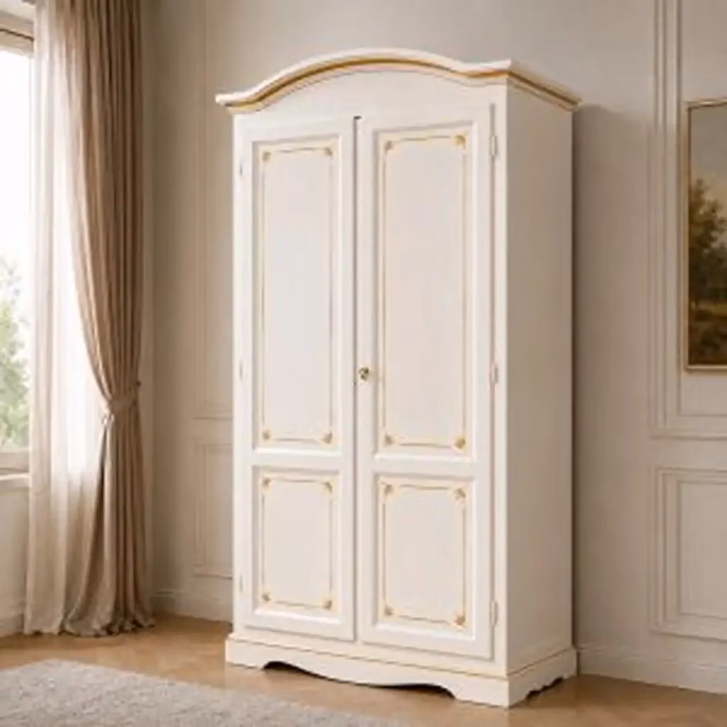 Armadio KIVIO in legno stile Shabby Chic con 2 ante battenti, colori bianco, antracite e decorazioni arancioni, L: 107 cm, P: 55 cm, H: 197 cm – 2
