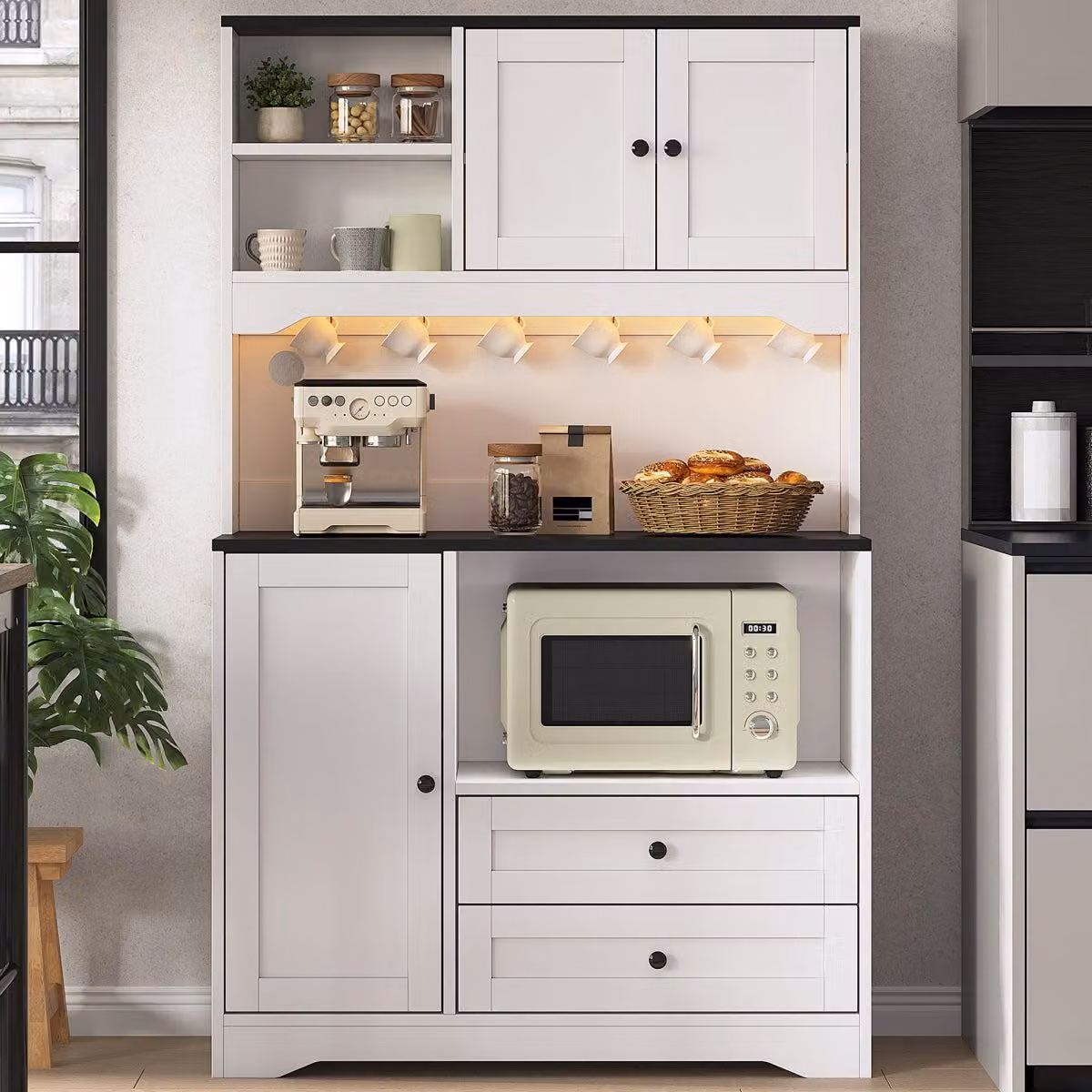 Armadio da cucina con illuminazione a LED e prese, mobiletto per microonde con ripiani regolabili, dimensioni 100x40x163 cm, colore bianco