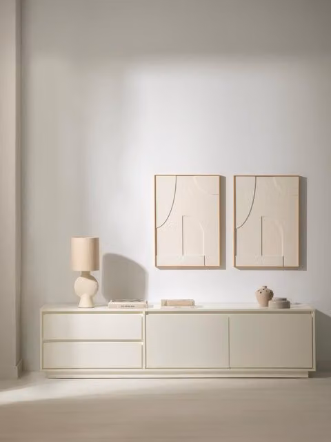 Sloan mobile porta TV Kenay Home bianco, design moderno in legno e MDF