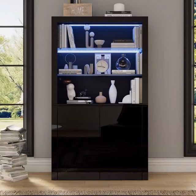 Mobile Alto Minimal Nero con Ante in Vetro e Illuminazione LED L/P/H: 100 x 35 x 170 cm