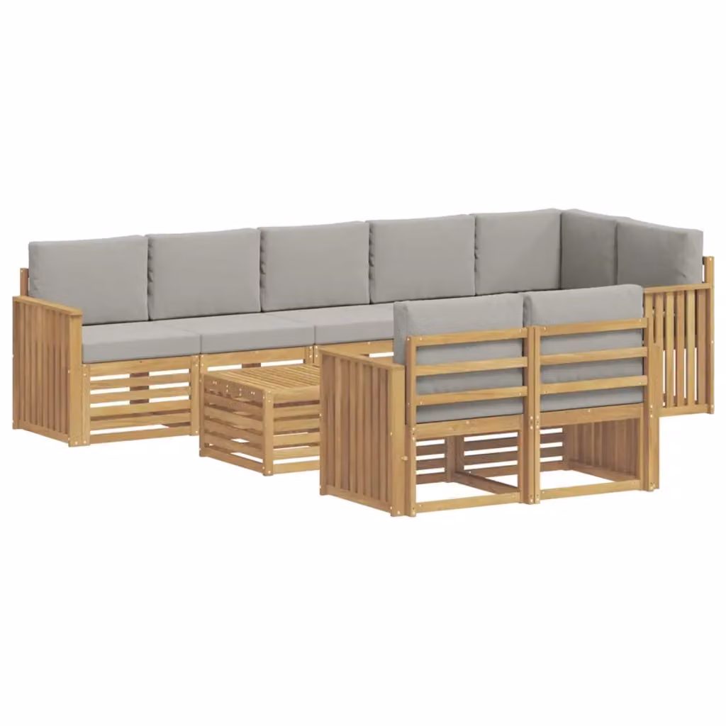 Set di divani da esterno a L con tavolino vidaXL, 9 pezzi in legno di acacia e tessuto resistente ai raggi UV, Bianco e Grigio – 2