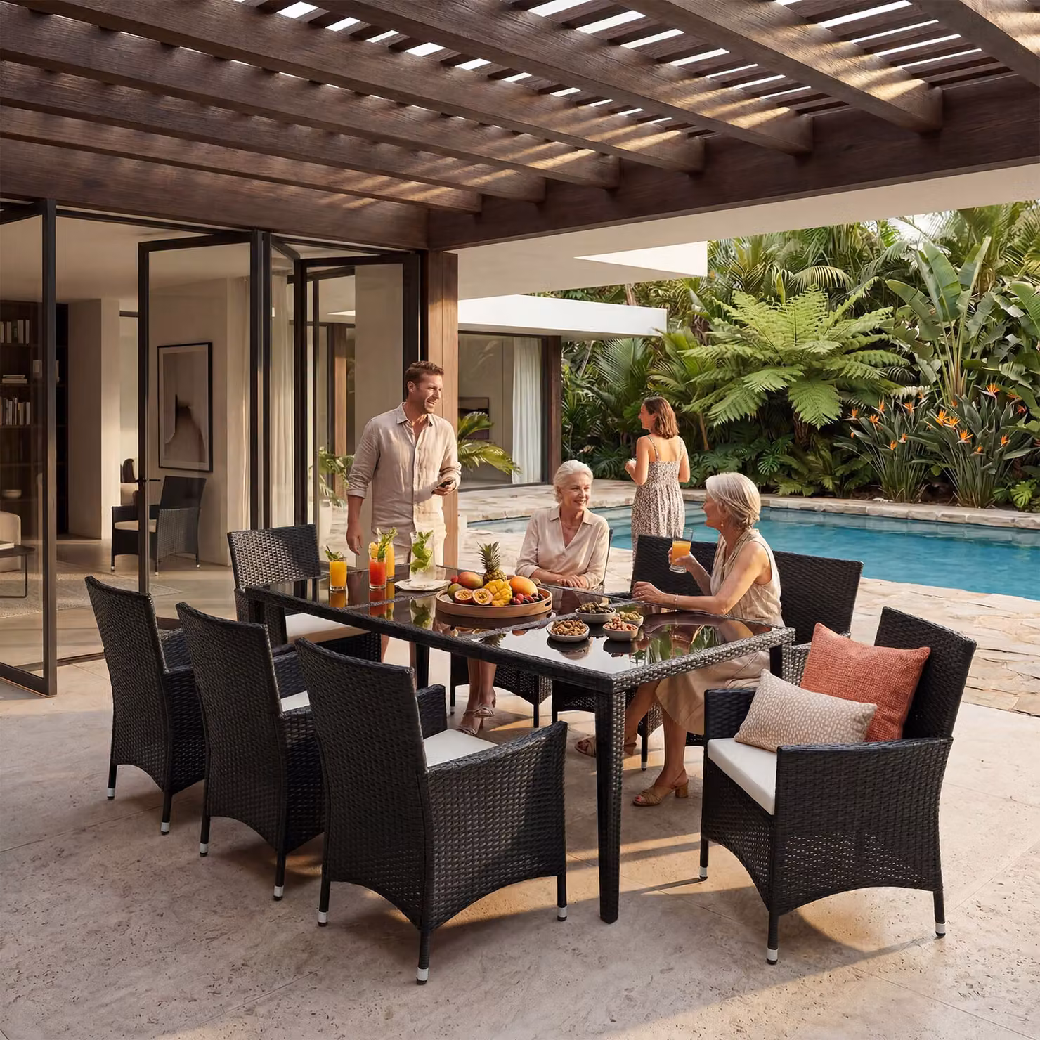 Set da giardino Menorca TecTake con tavolo in alluminio e vetro e 8 sedie in polyrattan nero – 1