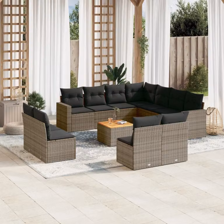 vidaXL Set Divani da Giardino 12 pz in Polyrattan Grigio con Cuscini e Tavolino da Esterno