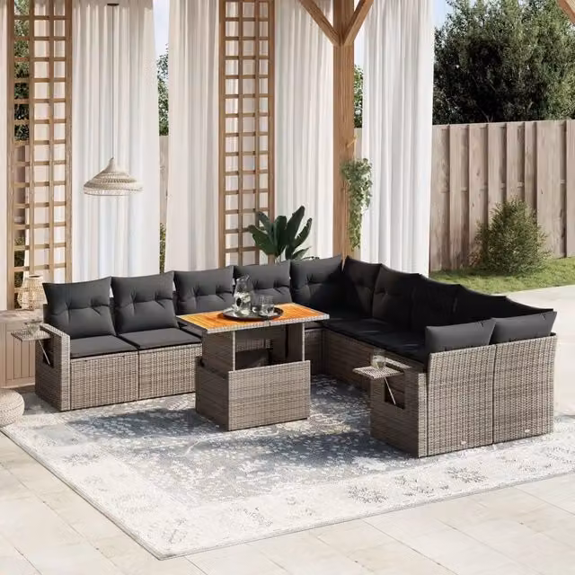 Set di Divani da Giardino VIDAXL in Polyrattan Grigio con Cuscini, Design Moderno a L, 11 Pezzi