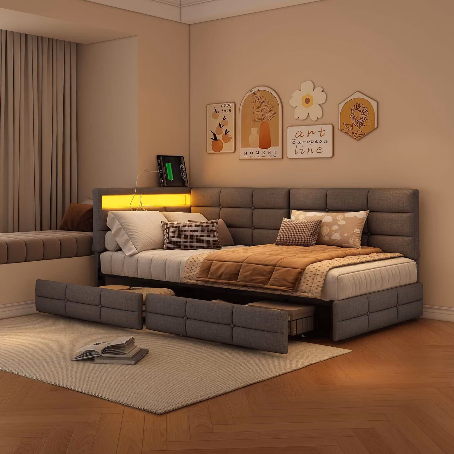 Letto imbottito ProximaX 90×200 cm – Testiera a L con LED e funzione di ricarica USB – Cassetto nella zona dei piedi – Letto confortevole per la camera da letto, grigio