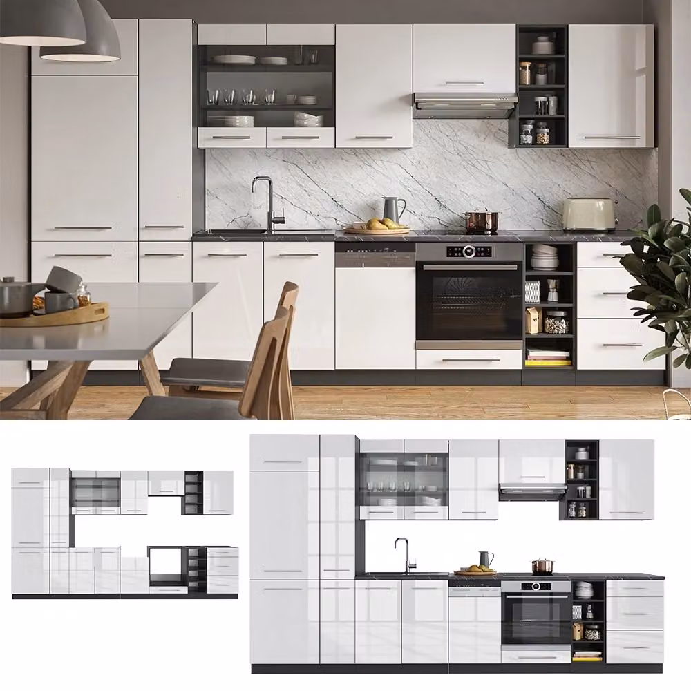 Cucina componibile moderna Fame-Line Vicco Bianco lucido e Antracite, L: 355 cm – 2