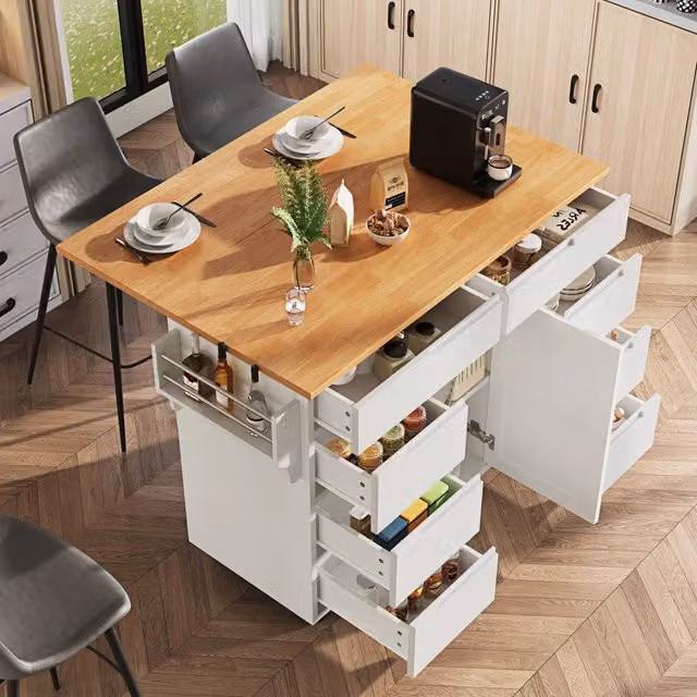 Carrello da cucina con piano pieghevole, 8 cassetti, armadietto e ruote bloccabili in MDF bianco, 122 × 46 × 91,5 cm