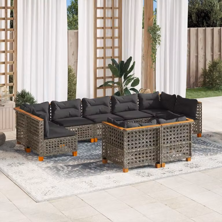 vidaXL Set Divano da Giardino a Forma di U in Polyrattan e Legno di Acacia con Cuscini Grigio, 9 Pezzi