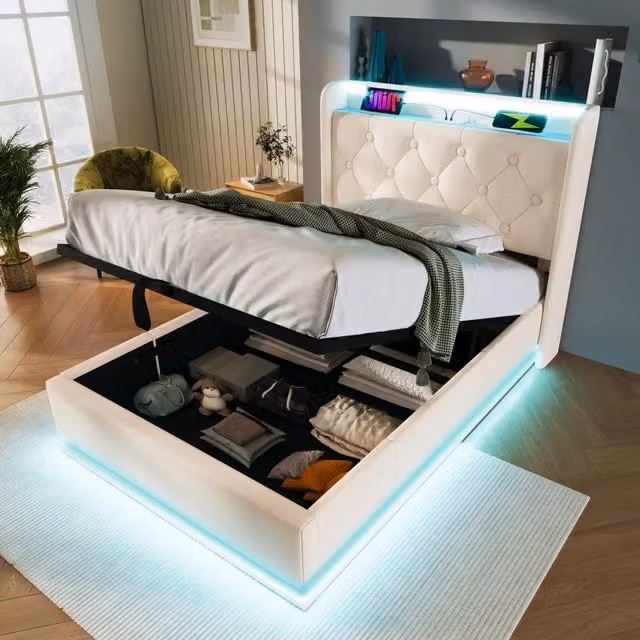 Letto con contenitore idraulico REDOM in ecopelle bianca con illuminazione LED e porte USB Tipo-C, L/P/H: 90 x 200 x 104 cm