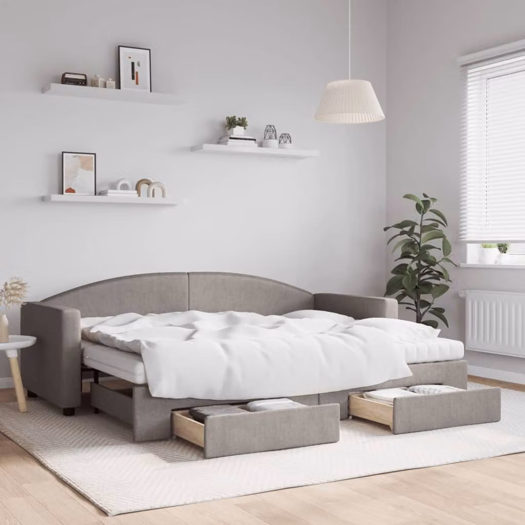 vidaXL Divano Letto Estraibile con Cassetti in Tessuto, L/P/H: 223 x 80 x 90 cm, Colore Grigio/Beige