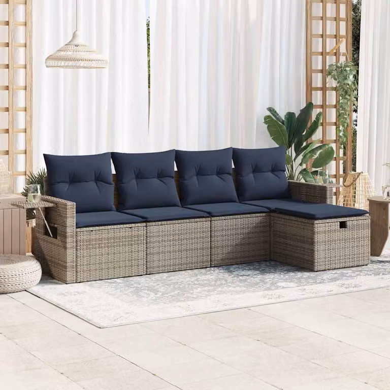 Set Divano da Giardino a L vidaXL in Polyrattan con 5 Pezzi e Cuscini, Grigio e Blu