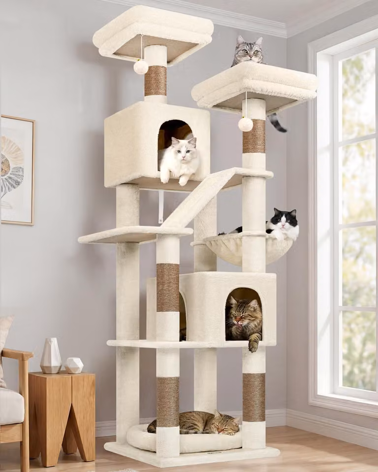 Albero per gatti XXL, alto 183 cm, con 2 casette, una rampa in sisal, 2 posatoi imbottiti e 2 ceste, ideale per gatti