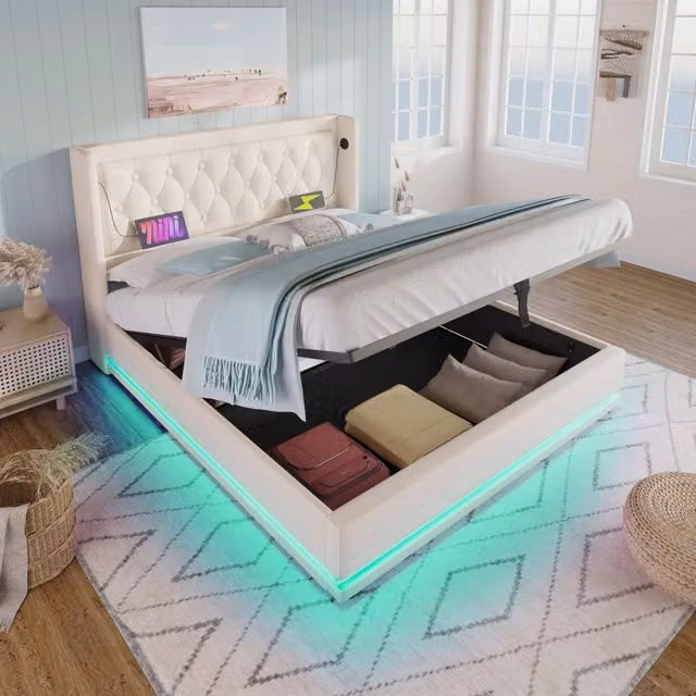 Desviae Letto contenitore 160 × 200 cm 2 posti con USB, Type-C e LED su 3 lati, con materasso, in PU, bianco