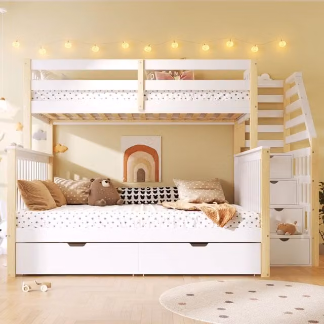 Letto a castello 90 × 200 cm e 140 × 200 cm con cassetti, barriera di sicurezza, senza materasso, pino, bianco naturale