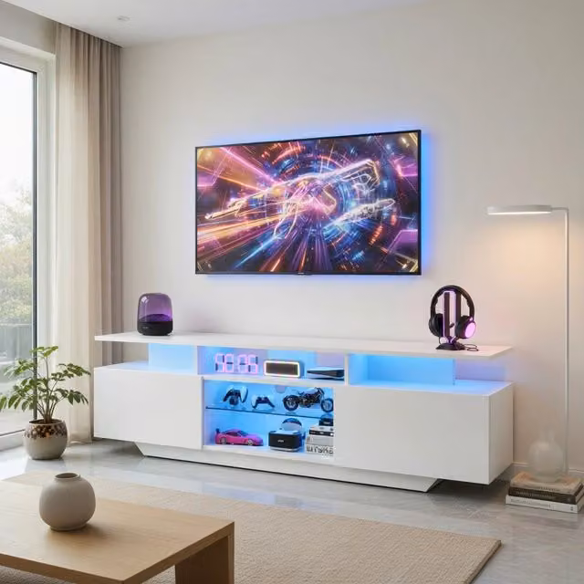 Cassettiera TV moderna KOMHTOM bianca con illuminazione integrata in MDF e vetro, L: 160 cm, P: 40 cm, H: 45 cm