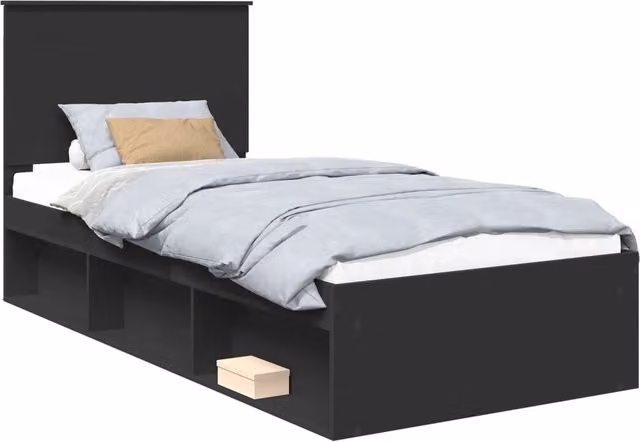 Letto singolo | Letto per adulti | Struttura del letto con testiera Nero 90 x 200 cm Pino massello