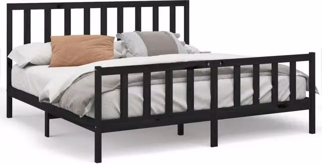 Letto matrimoniale | Letto per adulti | Giroletto Nero in Legno Massello di Pino 200x200 cm