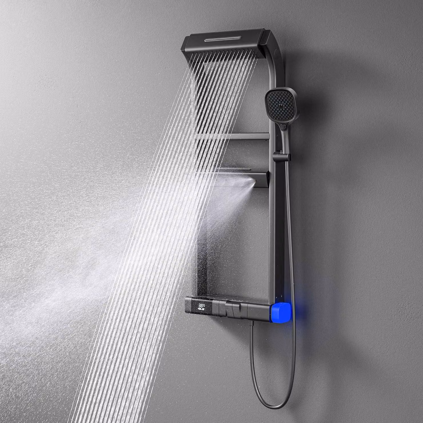 Sistema doccia con termostato, 6 funzioni, display LED, dimensioni 40x10 cm