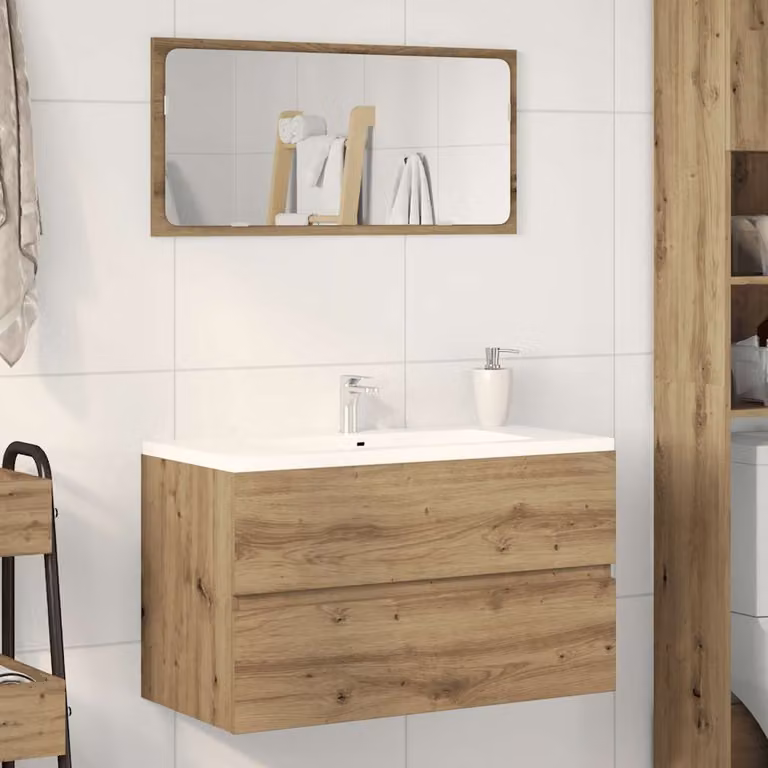 Pensile da bagno moderno vidaXL in legno rovere color marrone con cassetti, L: 80 cm, P: 38,5 cm, H: 45 cm
