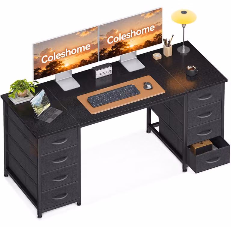Scrivania con 8 cassetti rivestiti in tessuto, dimensioni 140x48 cm, colore nero