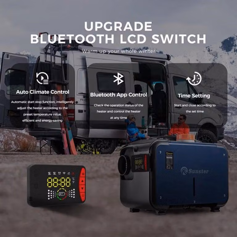 Stufa diesel da 8 kW, disponibile in versione 12V e 24V, con controllo tramite app Bluetooth, ideale per veicoli e officine