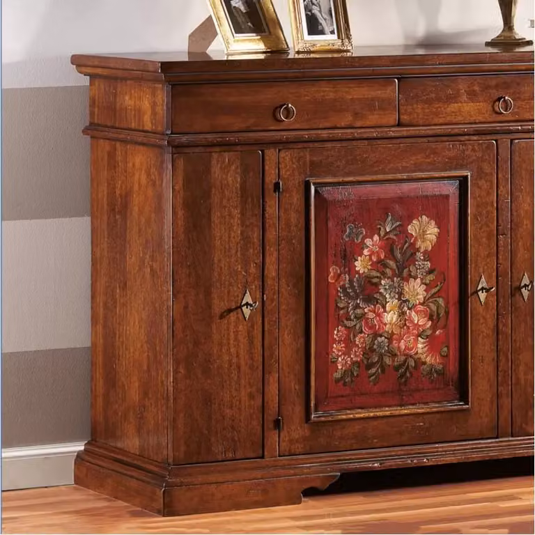 Madia credenza in legno con 4 porte e decori floreali noce antico Mobili 2G L: 201 cm, P: 52 cm, H: 114 cm