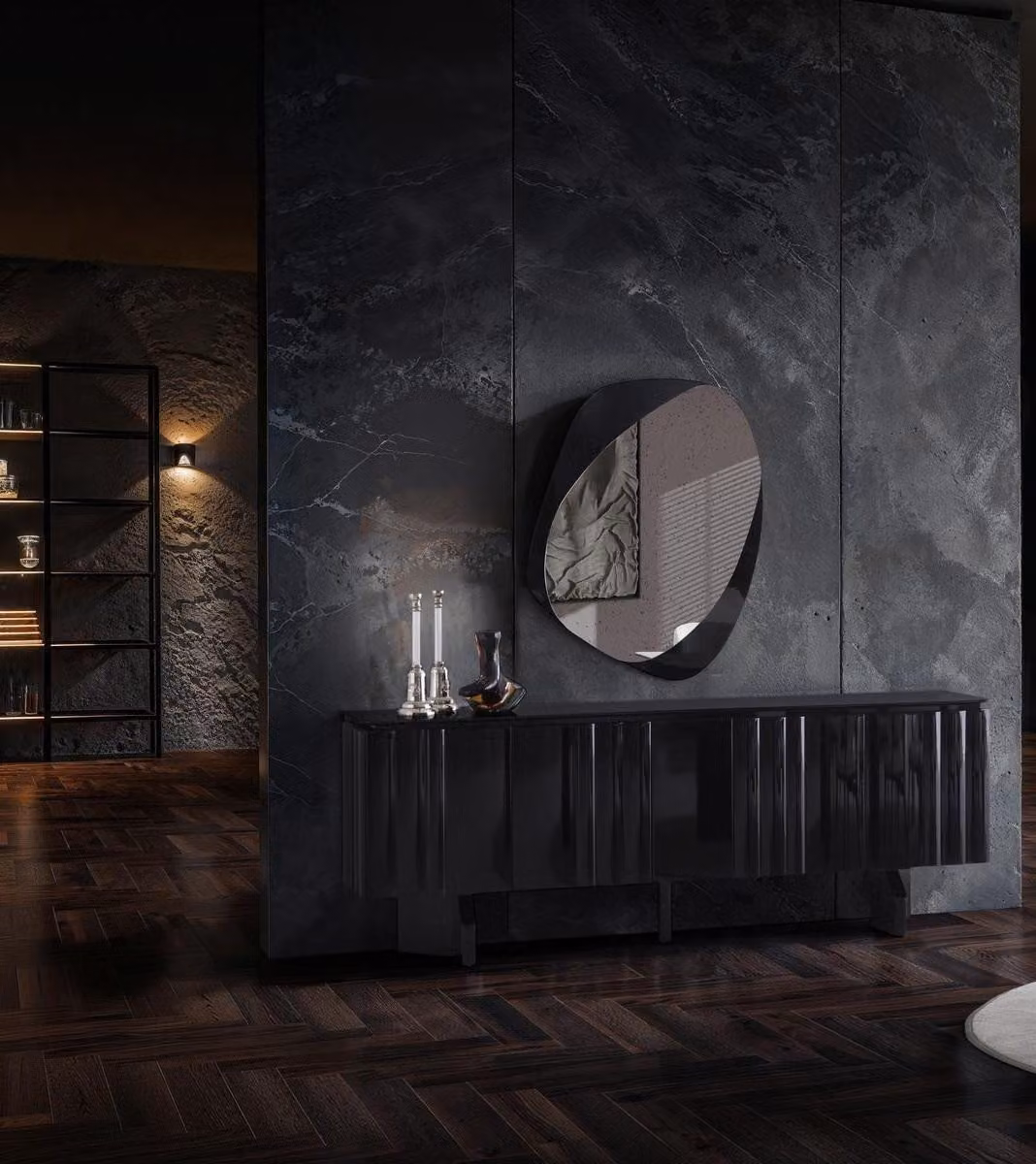 Mobile bar/credenza con specchio, design moderno, colore nero, elegante, consolle/buffet