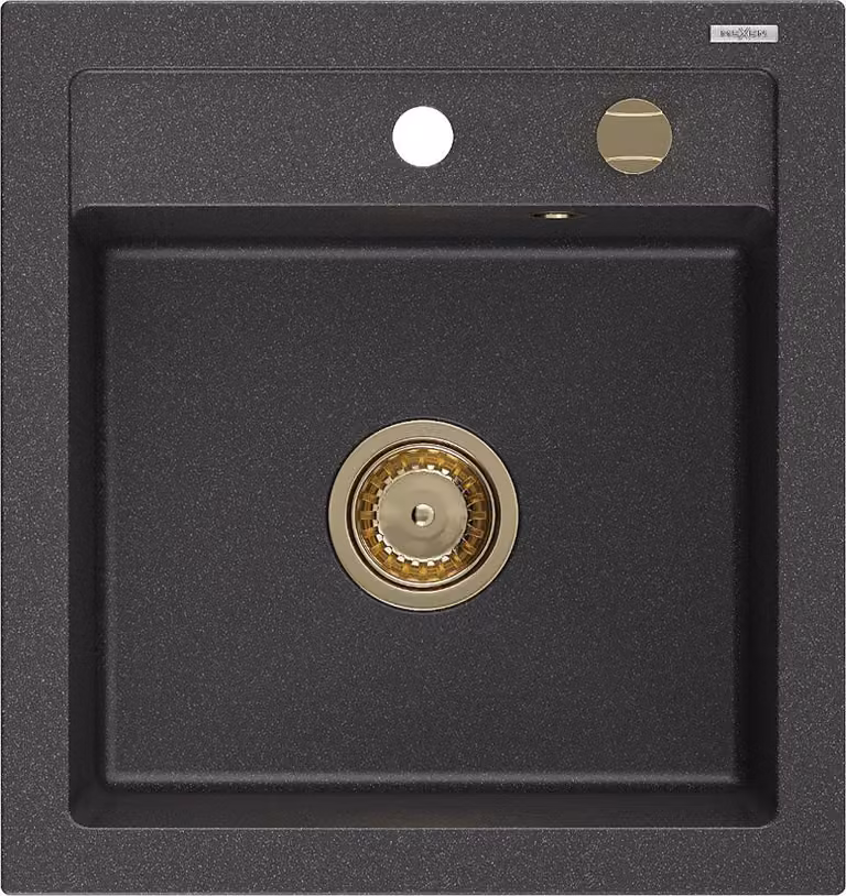 Mexen Vito lavello in granito 1-vasca 520 x 490 mm, nero maculato, sifone dorato - 6503521000-76-G