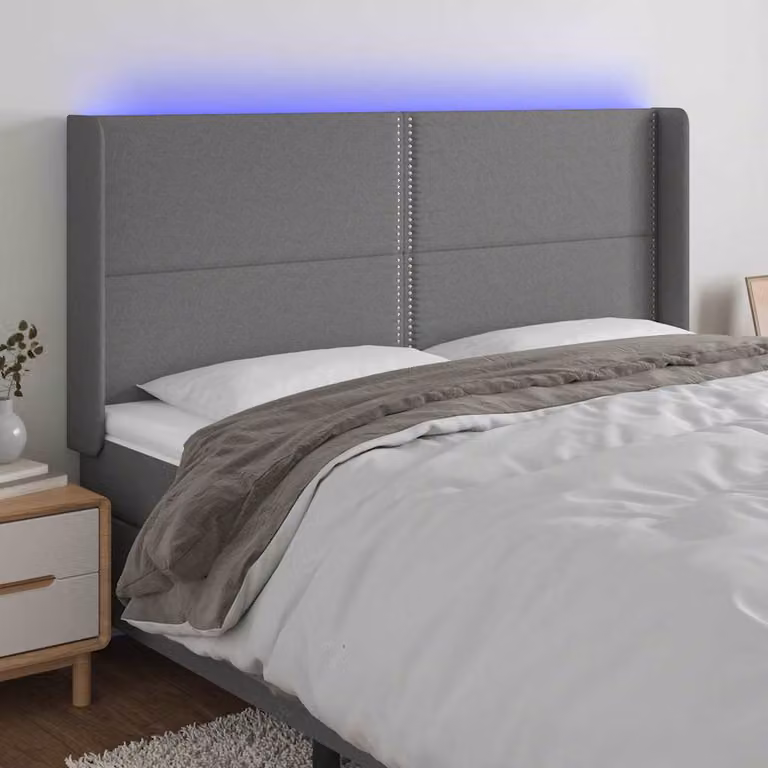 Testiera per letto con LED e porte USB vidaXL in tessuto grigio, L: 203 cm, P: 16 cm, H: 118/128 cm