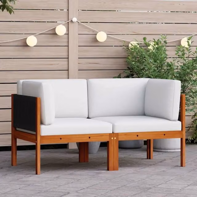 Divano componibile angolare da giardino DESIGN IN in legno di acacia e corda con cuscini bianchi o neri a forma di L orientamento destro – 1