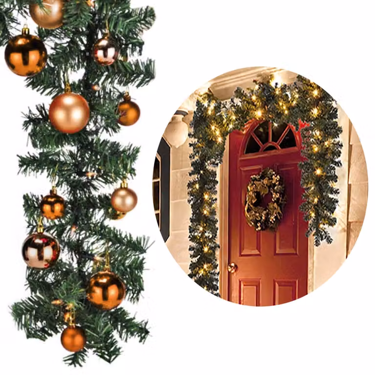 Ghirlanda di abete a LED XXL da 810 cm con 100 LED e 60 decorazioni arancioni
